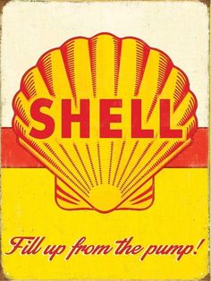 an old shell sign with the words,'help from the pump'on it