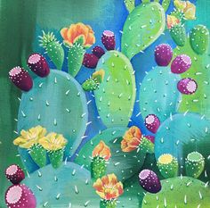 an acrylic painting of cactuses and flowers