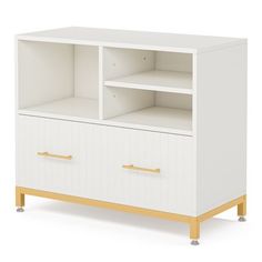 a white cabinet with two drawers and gold handles on the bottom, in front of a white background