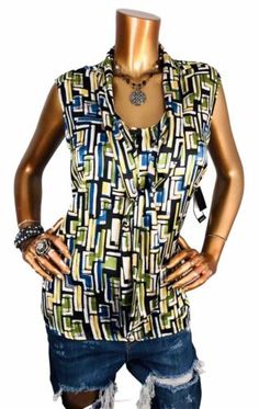 Nine West XL Top NWT $59 Geometric Prints Low V Cut Blouse Sleeveless Easy Wear  | eBay Chic Multicolor Sleeveless Blouse, Multicolor Sleeveless Vest Blouse, Multicolor Sleeveless Blouse With Vest Detail, Elegant Multicolor Sleeveless Blouse, Cut Blouse, Geometric Prints, Blouse Sleeveless, V Cut, V Cuts