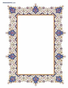 an ornate frame with blue flowers and leaves on it, in the middle of a white background