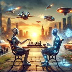 two robots sitting at a table in front of a cityscape with flying objects