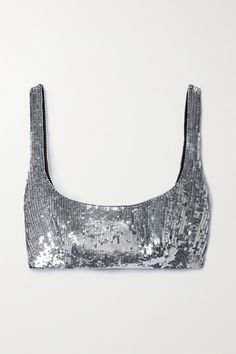 Valentino Garavani's bralette is made from silk-tulle that's complete with scores of glistening sequins. It's designed with a scooped neckline and lined for a comfortable fit. It'll make a striking impact styled with a low-rise skirt or can be used to add a more subtle touch of glamour when underpinning a blazer. Silver Bralette, Sequin Bra Top, Low Rise Skirt, Sequin Bra, Sparkly Outfits, Glam Party, Silk Tulle, Black Tweed, Dress Jewelry