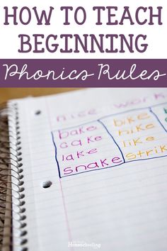 a notebook with the words how to teach beginning phonics rules written on it