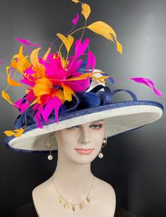 "IF YOU LIKE THE DESIGN, JUST WANT TO ADD SOME COLORS TO MATCH YOUR DRESS, PLEASE FEEL FREE TO CONTACT ME, I WILL HELP YOU. 100% Sinamay, light and comfortable *Wide brim measure Appr 6.5\" brim *The crown is decorated with feather flower. Very beautiful!! *Head girth is 22\"-23\",adjustable string inside can give you the best fit. *Great for Kentucky Derby, Church, Wedding, Tea Party or other special event 💃1. All hats will be sent from Rockville, MD, 20850, using FedEx Ground (1- 5 business d Fitted Navy Hat For Kentucky Derby, Fitted Multicolor Wedding Hat, Elegant Multicolor Short Brim Hat, Royal Blue Fitted Hat For Kentucky Derby, Elegant Multicolor Fitted Fascinator, Fitted Multicolor Hat For Garden Party, Elegant Multicolor Costume Hats And Headpieces For Races, Elegant Multicolor Costume Hats For Races, Royal Blue Fitted Mini Hat For Kentucky Derby