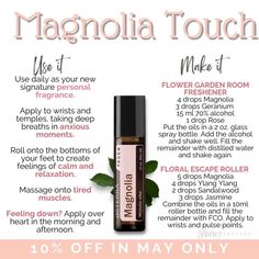 Essential Oil Roll On Perfume Recipes, Magnolia Essential Oil Uses, Magnolia Essential Oil Blends, Magnolia Essential Oil, Dottera Oils, Essential Oil Roller Bottle Recipes, Doterra Oils Recipes, Eo Blends, Roller Bottle Recipes