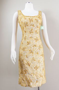 Gold Sequined Silk Dress, Gold Silk Dress With Sequins, Vintage Gold Sequin Dress, 1960s Dresses, Crystal Buttons, Wiggle Dress, Silk Satin, Gold Beads, Satin