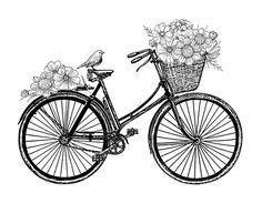 a black and white drawing of a bicycle with flowers in the basket on the front