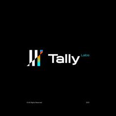 the logo for tally labs is shown in black and white, with colorful stripes