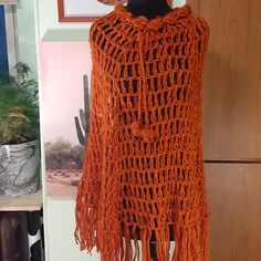 Dark Orange; Adjustable Neck With Knit Flowers On String. One Size Fits Most. Offers Welcome! Casual Open Knit Poncho One Size, Casual One Size Knit Poncho, Casual One Size Open Knit Poncho, One Size Bohemian Knit Knitting Pattern, Knitted Yarn Poncho For Fall, Casual One Size Chunky Knit Poncho, Casual Hand Knitted Poncho For Fall, Casual Knitted Shawl Poncho, Casual Knitted Poncho Shawl