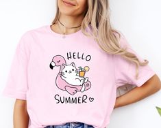 Hello Summer Shirt, Cat Summer Tee, Funny Summer Shirt, Summer Shirt, Cute Summer Tee, Kitty Shirt, Cute Kitten Shirt, Cat Meme Tee, Summer Product Features: - We have a size chart on our listing photos -  All our Heather Colors are cotton/polyester blend and they are super comfy soft! - All our simple color ones like White and Black are 100% Cotton - Soft and High-Quality Fabric - Pre-shrunk - Sueded Jersey - Taped shoulder-to-shoulder - Tear away label - Side Seamed - Retail fit How Do I Order Summer Kawaii Cat Print Tops, Kawaii Cat Print Summer Tops, Kawaii Cat Print Tops For Summer, Trendy Hello Kitty Print T-shirt For Summer, Summer Graphic Tee With Cat Design, Summer Cotton T-shirt With Cat Design, Fun Hello Kitty Print Summer T-shirt, Kawaii Summer Tops With Cat Design, Trendy Hello Kitty Print Summer T-shirt