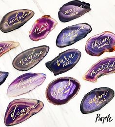 purple agate stone name tags with names on them