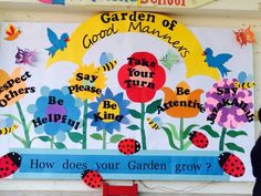 a bulletin board with ladybugs and flowers on it