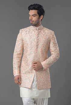 Peach Sherwani Indian Groom, Pastel Jodhpuri Suits For Men, Groom Brother Outfit Indian, Pastel Outfit Ideas, Peach Sherwani, Groom Outfit Ideas, Indo Western Outfits For Men, Kurta Wedding, Engagement Dress For Groom