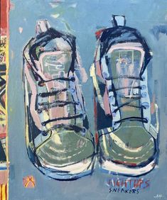 a painting of a pair of shoes on a blue and green background with words written below it