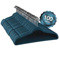 a blue hanger with 100 pieces of clothes hanging on it's side and a seal