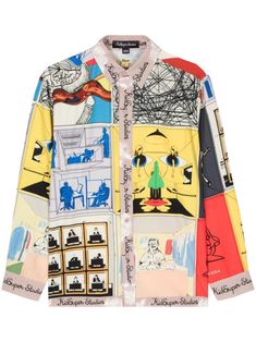 Shop KidSuper graphic-print satin shirt Hawaii Shirts, City Shorts, Textile Pattern, Versace Outfit, Satin Shirt, Textiles Fashion, Custom Watch, Summer Beach Wear, Block Design