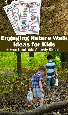 two children walking down a path with the text engaging nature walk ideas for kids free printable activity sheet