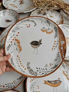 a hand is holding a plate with birds on it, surrounded by other plates and bowls