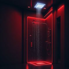 a shower with red light coming from the ceiling and water running down it's side