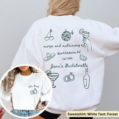 Celebrate in style with the Margs and Matrimony Bachelorette Sweatshirt, a must-have for your bachelorette party. Custom Tequila-themed designs add a personal touch and make perfect bridesmaid gifts, keeping your party stylish and comfortable. Made from a cozy polyester-cotton blend, these crewneck sweatshirts are durable and itch-free, with a ribbed knit collar that retains its shape wash after wash. Explore our full range of products including shirts, sweatshirts, trucker hats and more by visi Margs & Matrimony Outfits, Bachelorette Hoodies, Bachelorette Sweaters, Bach Sweatshirts, Marks And Matrimony Bachelorette Shirts, Jumper Ideas, Bride Sweatshirt, Cut And Style, Bachelorette Party