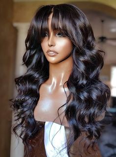 Natural Wavy Curtain Bang Human hair Lace Front Wigs - WigzbyCharise001 Frontal Wig With Bangs, Long Human Hair Wigs, Virgin Hair Wigs, Brazilian Remy Hair, Wig With Bangs, Body Wave Wig, Front Lace Wigs Human Hair, Human Hair Lace Wigs, Hair Density