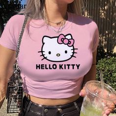 color: ACZ5CD0106, size: XXXL Punk Hello Kitty, Patchwork Crop Top, Y2k Clothes, Vintage Punk, Purple Shorts, Sleeve Women, Pink Tee, Collars For Women, Neck Crop Top