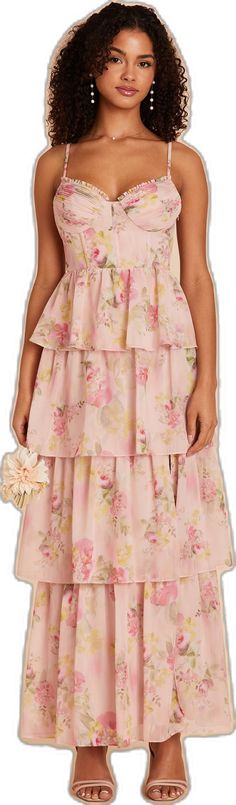 Pink Maxi-length Chiffon Dress For Brunch, Feminine Pink Chiffon Dress With Ruffles, Elegant Pink Chiffon Floral Dress, Elegant Pink Flowy Chiffon Dress, Elegant Pink Floral Print Chiffon Dress, Feminine Tiered Chiffon Dress, Feminine Chiffon Dress For Garden Party, Pink Chic Chiffon Dress With Ruffles, Chic Pink Chiffon Dress With Ruffles