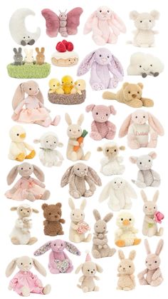 many different stuffed animals are shown together