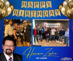 a collage of photos with balloons and people in the background that says happy birthday harrison zipen key leader