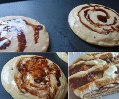 four different views of cinnamon rolls being made