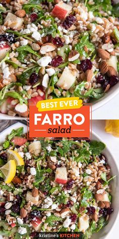 two bowls filled with faro salad on top of a table