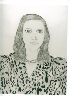 a drawing of a woman with long hair wearing a leopard print shirt and collared blouse