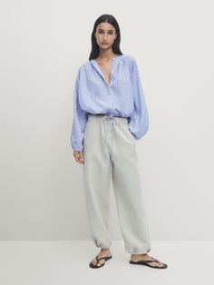 Shirt with gathered neckline Casual Light Blue Zara Blouse, Zara Light Blue Blouse For Fall, Gathered Neckline, Cargo Shirts, Shirt Blouses Tops, Sweaters Knitwear, Blazer Dress, Massimo Dutti, Puffer Coat