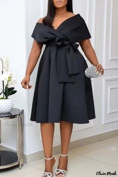 Olivia Mark - Elegant A-line Dresses with Solid Bandage Patchwork and V-neck design for Black Celebrities Bow Fashion, Pleated Gown, Line Dresses, Vestido Plus Size, A Line Dresses, High Waist Fashion, Black Evening Dresses, Midi Dress Party, Lace Fashion