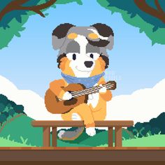 a dog playing the guitar while sitting on a bench