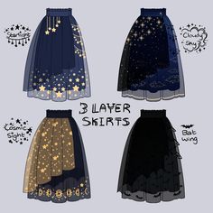 three different skirts with stars on them and the words b layer skirts written in gold