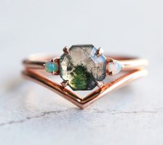 Hexagon Wedding, Geometric Stone, Moss Agate Engagement Ring, Agate Engagement Ring, Moss Agate Ring, Opal Engagement, Engagement Rings Opal, Agate Ring, Original Jewelry