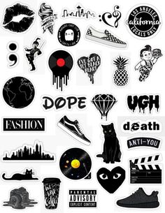 various stickers and decals are shown in this graphic art work, with black and white graphics