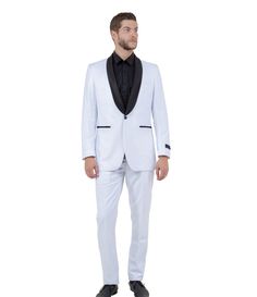 Step into the spotlight with the Regal Realm Slim Fit White Tuxedo, elegantly accented with a black satin shawl collar for a touch of timeless sophistication. This exquisite tuxedo features a one-button front closure and is meticulously designed for gala events, weddings, or any formal occasion where style is paramount. The suit's tailored design is complemented by flat-front, tapered pants that enhance the sleek, modern silhouette, ensuring you look impeccably sharp from every angle.    Color:  Crisp white with contrasting black satin shawl collar.   Closure:  Single button front closure for a streamlined look.   Collar:  Luxurious black satin shawl collar adds a sophisticated contrast.   Pockets:  Two satin slit front pockets and inside pockets for essentials.   Interior:  Premium interi Satin Shawl, White Tuxedo, Gala Events, Tailored Design, Black Tie Event, Tapered Pants, Tailored Suits, Front Design, Shawl Collar