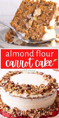 carrot cake with cream cheese frosting and chopped nuts on top is shown in three different photos