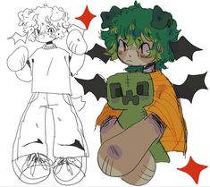 a drawing of a girl with green hair and bat wings