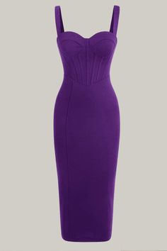 Indulge in luxurious sophistication with the Miranda Solid Bustier Cami Dress. This sleeveless, bodycon midi dress is crafted from recycled materials and features a solid color design with a below-the-knee length. The woven fabric adds an extra touch of elegance to this must-have piece. 95% Polyester, 5% Elastane Model is wearing size small Please allow 3-5 business days to process and ship. Product Measurements in cm : Size US Bust Waist Size Hip Size Length Straps Length XS 2 70.00 57.50 80.00 Formal Sleeveless Bandage Dress With Fitted Bodice, Elegant Fitted Sleeveless Dress With Spaghetti Straps, Purple Fitted Sleeveless Midi Dress, Elegant Fitted Midi Corset Dress, Purple Fitted Bodycon Dress With Spaghetti Straps, Elegant Purple Stretch Bodycon Dress, Fitted Spaghetti Strap Midi Cocktail Dress, Elegant Fitted Purple Bodycon Dress, Fitted Midi Dress With Spaghetti Straps For Cocktail