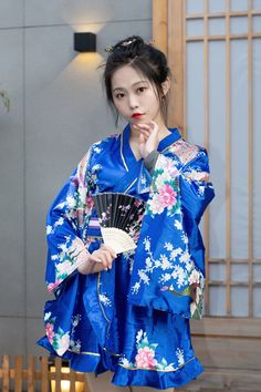 Color: Blue, Size: One Size Fitted Blue Summer Kimono, Fitted Blue Kimono For Summer, Blue Fitted Long Sleeve Kimono, Fitted Long Sleeve Blue Kimono, Casual Blue Long Sleeve Kimono, Japan Woman, Floral Kimono, Japanese Aesthetic, Japanese Kimono