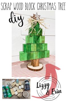 a christmas tree made out of wooden blocks with the words scrap wood block christmas tree