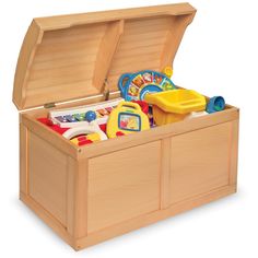 an open wooden toy chest filled with toys