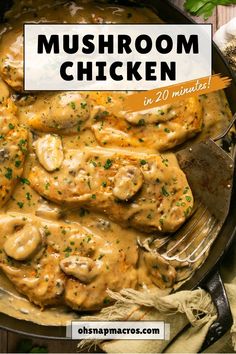 a skillet filled with chicken covered in mushroom gravy