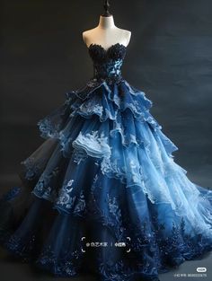 Victorian Style Ball Gowns, Siren Dresses Aesthetic, Denim Ball Gown, Ocean Ball Gown, Fairytale Dress Blue, Fantasy Dresses Aesthetic, Corset Ball Gowns Fairytale, Fantasy Dress Ideas, Dark Blue And Black Wedding Theme