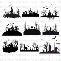 halloween silhouettes with bats, trees and houses in black on white paper cut outs