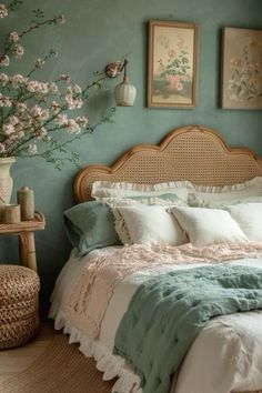 a bedroom with green walls, white bedding and wicker headboard in the corner